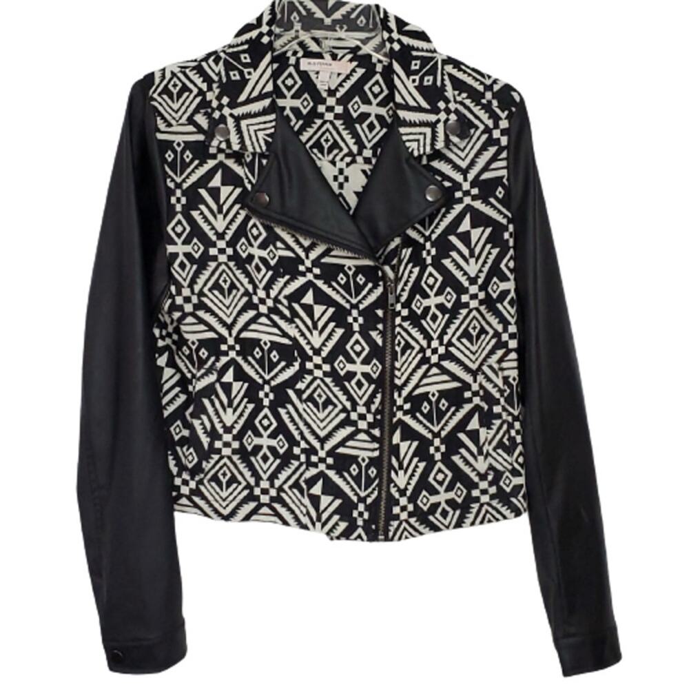 Blu-Pepper Moto Jacket Black White Aztec Print L